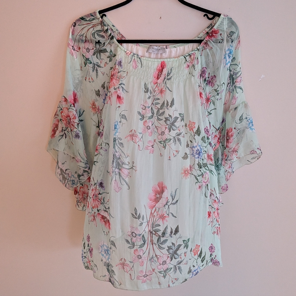 Angela Moda Italy Silk Blouse Size Large Mint Green Pink Floral